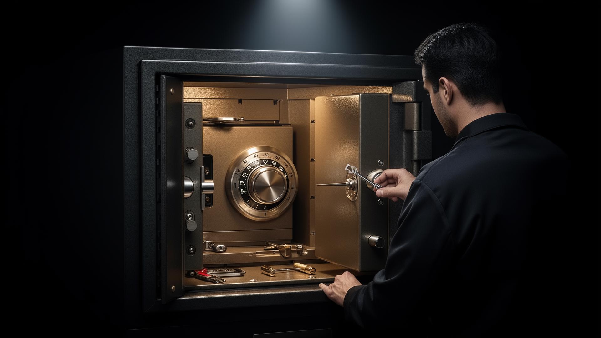 Técnico especialista abriendo caja fuerte profesionalmente en Quito